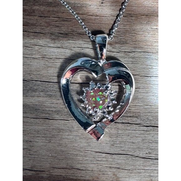 Heart-Shaped Sterling Silver Pendant Necklace With Opal Stone & Cubic Zirconia - Picture 1 of 6